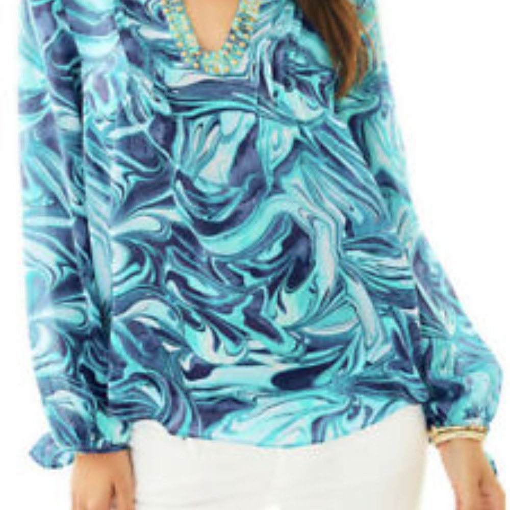 Lilly Pulitzer Colby Silk Tunic Top Ikat Blue Ocean S